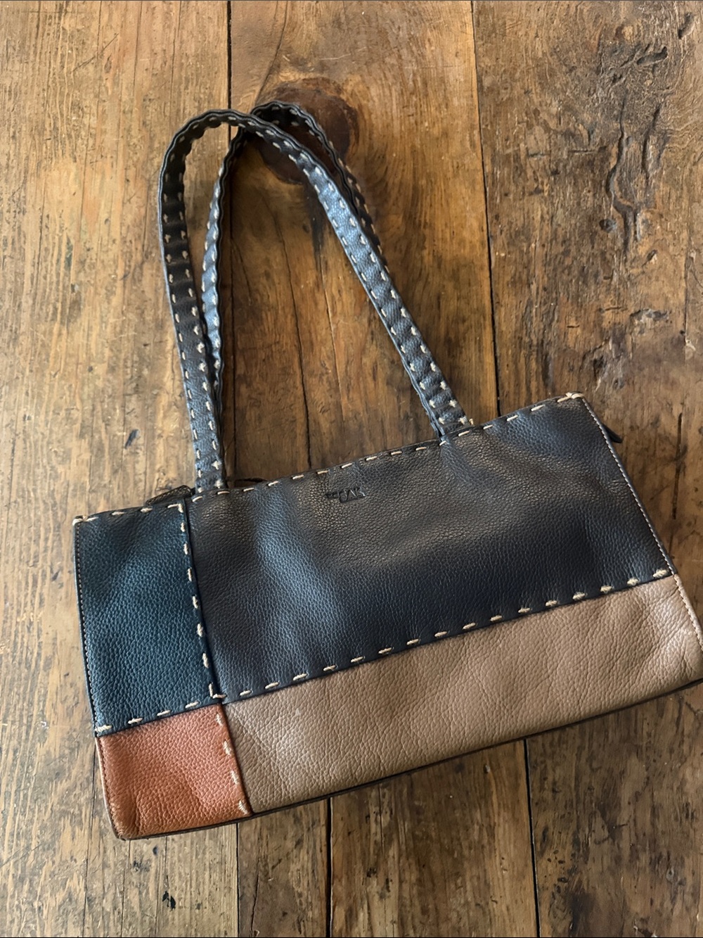 The Sak Brown Leather Y2K Vintage Colorblock Patchwork Shoulder Bag 12x7x2"